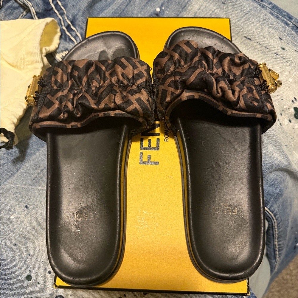 Fendi Brown/Black Logo Ruched Slide Sandals with Gold Hardware